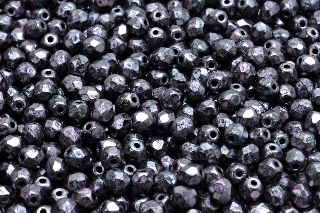 4mm Czech Fire Polish Round Bead, Jet Violet Patina, 50 pieces